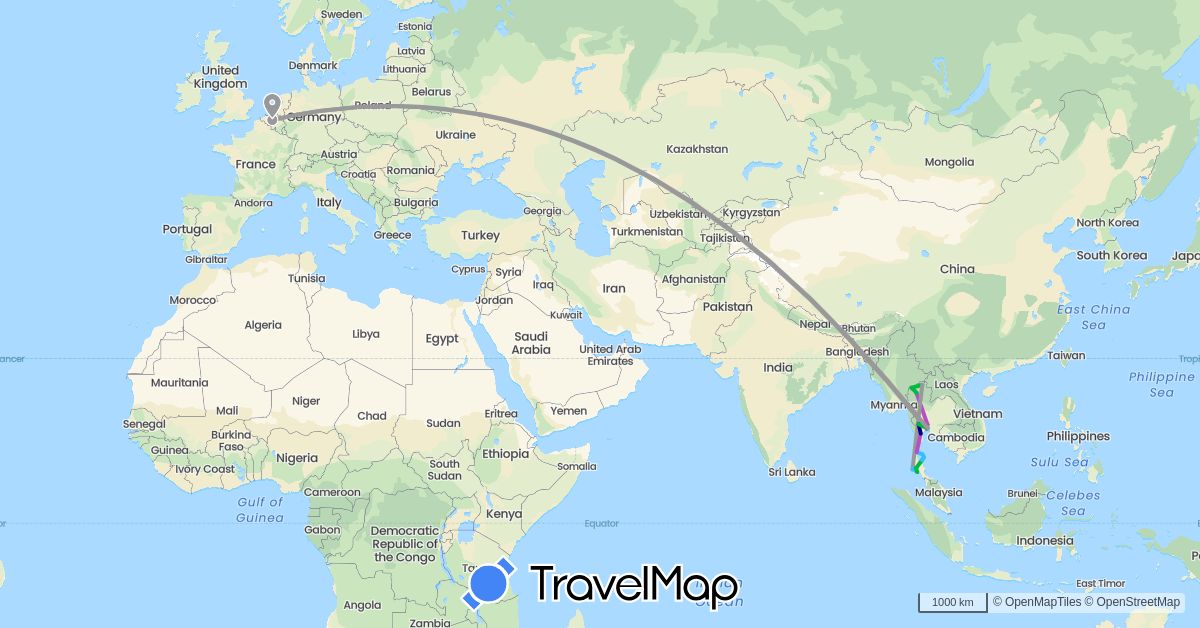 TravelMap itinerary: driving, bus, plane, train, boat in Belgium, Thailand (Asia, Europe)